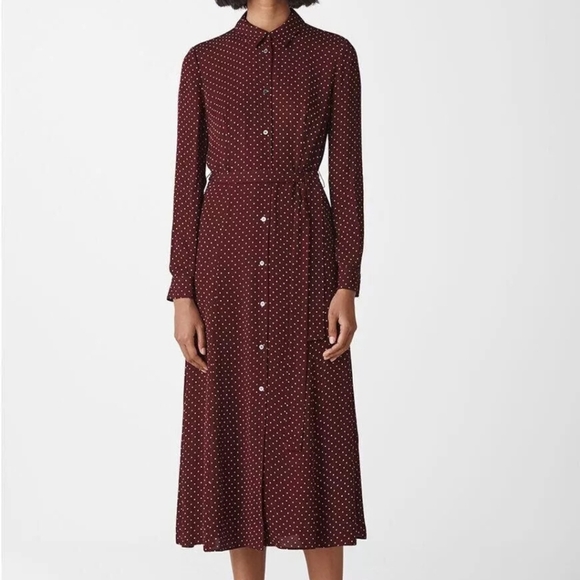 Whistles Margot Spot Shirt Dress UK 10 Burgundy Midi Royal ASO Kate Middleton - Picture 2 of 10